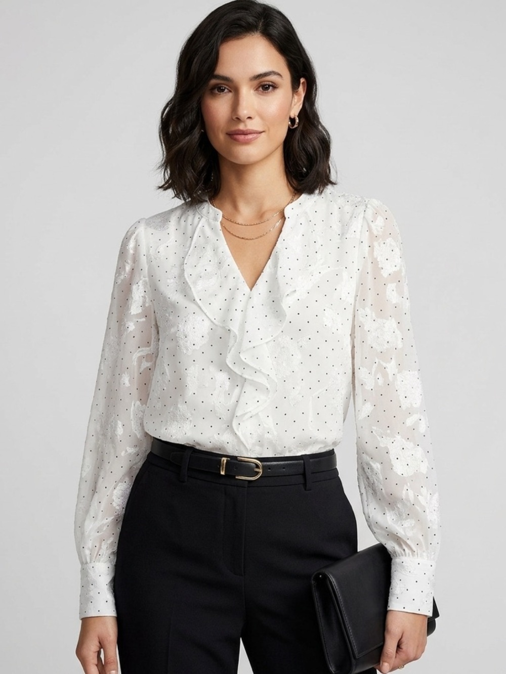 Tamara H. White blouse with Black Polka Dots and ruffle neck long sleeves size L